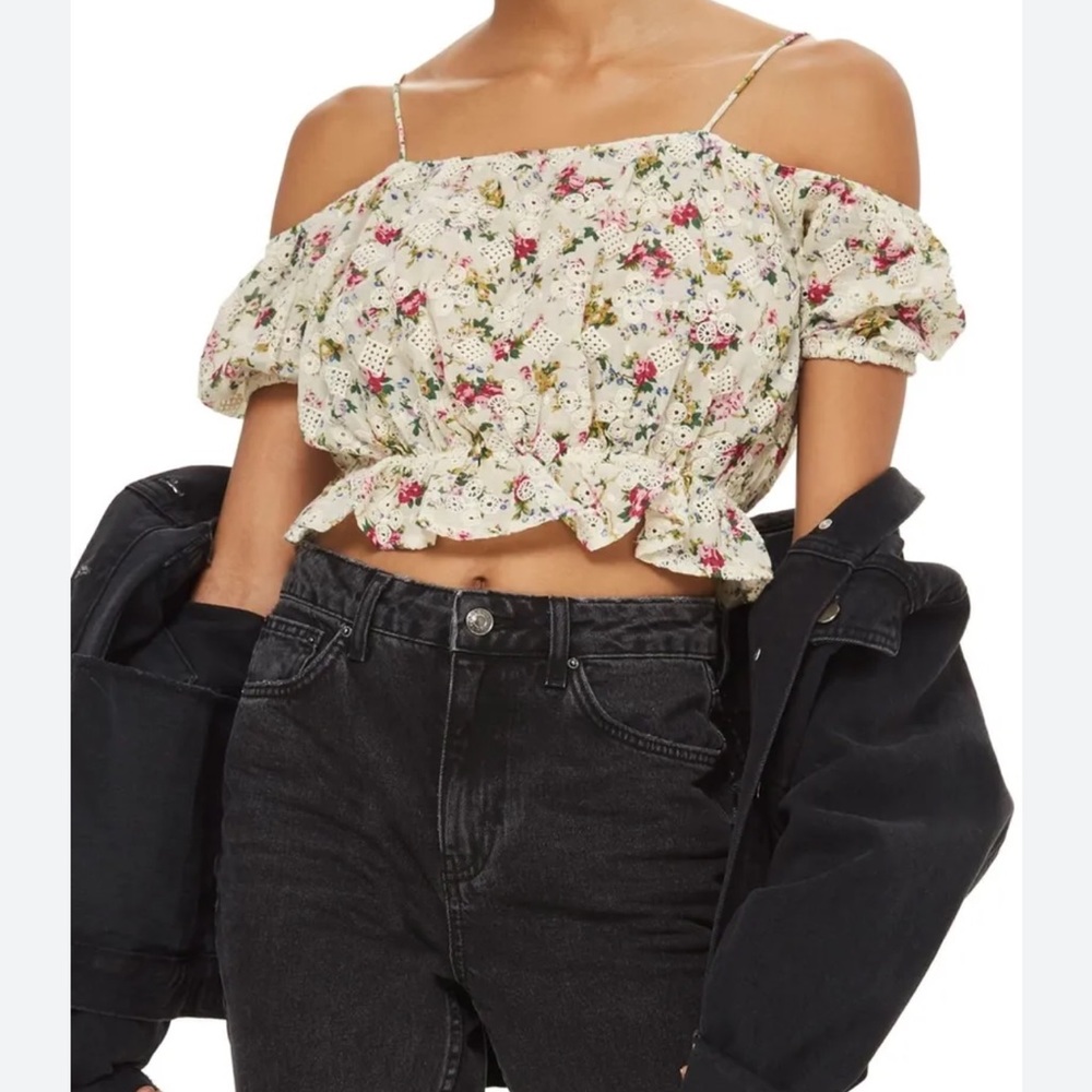 Topshop | Floral boho cold shoulder ruffle crochet crop top size 6